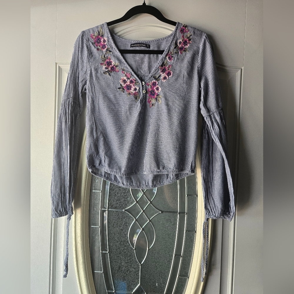 Abercrombie & Fitch Cottage Blue Striped Blouse with Floral Embroidery